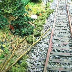 May include: A model railroad track with a single set of rails, surrounded by a miniature forest scene. The track is made of metal and is laid on a bed of gravel. The forest is made of small trees and bushes, and there are some branches lying on the ground.
