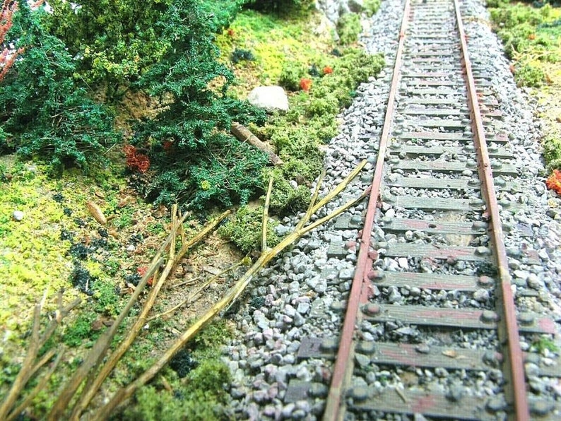 May include: A model railroad track with a single set of rails, surrounded by a miniature forest scene. The track is made of metal and is laid on a bed of gravel. The forest is made of small trees and bushes, and there are some branches lying on the ground.