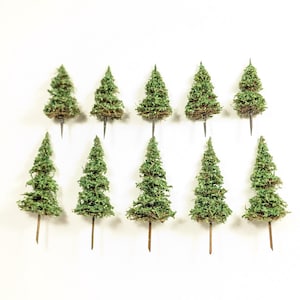 10 Handmade SPRUCE TREES for N / HO Scale Model Railroad & 15mm 28mm War Game Scenery Bases