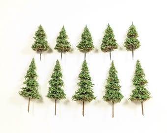 10 Handmade SPRUCE TREES for N / HO Scale Model Railroad & 15mm 28mm War Game Scenery Bases