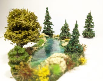 N Scale LAKE MARGARET 8" x 4" w 17 Trees, Yellow Flowers & extra Mini Diorama (#1072)
