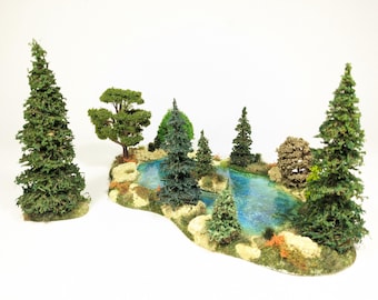 Handmade HO Scale TURTLE LAKE - 11.75" x 7" w 11 Trees & Orange Flowers (#1076)