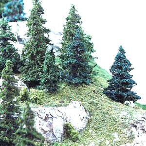 May include: A close-up of a miniature model train landscape with several green pine trees and a rocky hillside.