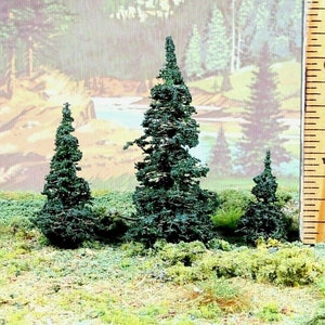May include: Three miniature evergreen trees, approximately 2 inches tall, are arranged on a green, grassy surface. A wooden ruler with the text "Westcott" is visible in the background.