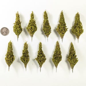 May include: A collection of eleven miniature, artificial evergreen trees with a quarter coin for size comparison. The trees are a vibrant green color and have a textured, moss-like appearance. Each tree is mounted on a silver-colored metal pin.