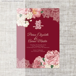 Modello di biglietto di invito di nozze cinese stampabile / modificabile fai-da-te Instant Download_Elegant Maroon Peonies Floral Lace 婚禮喜帖喜喜Double Happiness