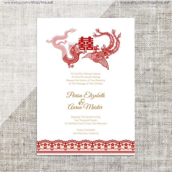 DIY Printable/Editable Chinese Wedding Invitation Card Template Instant Download_Red Dragon & Phoenix Traditional婚禮喜帖 喜喜Double Happiness