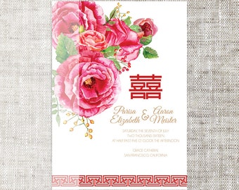 DIY Printable / Editable Chinese Wedding Invitation Card Template Instant Download_Red Shades Peonies Traditional 婚禮喜帖 喜喜Double Happiness