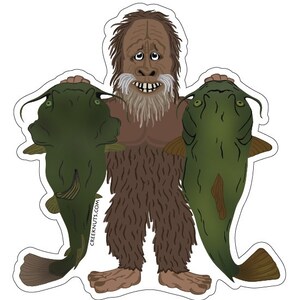 May include: A cartoon illustration of a hairy, brown, humanoid creature holding two large, green catfish. The creature has a long, white beard and a surprised expression.