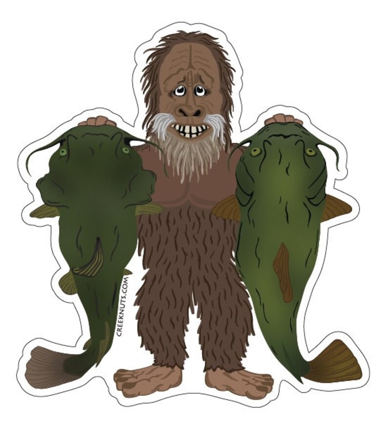 May include: A cartoon illustration of a hairy, brown, humanoid creature holding two large, green catfish. The creature has a long, white beard and a surprised expression.