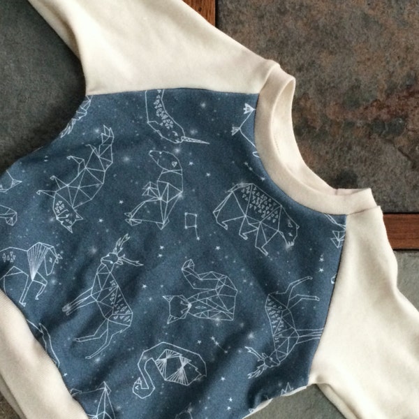 Ready to Ship - Organic Baby Raglan Sweatshirt - Origami Constellations , wild child raglan sweatshirt, baby galaxies shirt