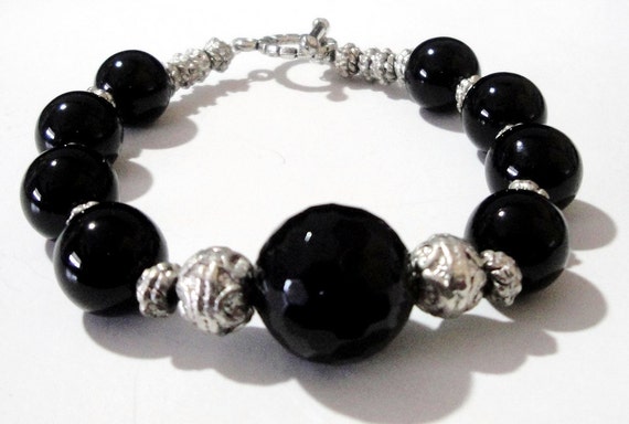 Items similar to Onyx Bracelet - Black Silver Beaded Bracelet - Genuine ...