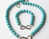 RESERVED - Infinity Necklace Bracelet Set, Turquoise Silver Infinity Charm Stretchy Elastic, Bridesmaid Gift. Best Friends. Sister Bracelet