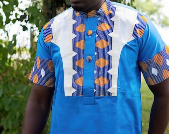 Sea Blue Ankara Mens Contrast Shirt