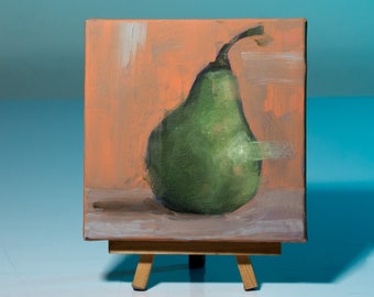 Small Pear Acrylic Painting, Pear Fruit Artwork, Pear Still Life Painting, Kitchen Art, Food Fine Art