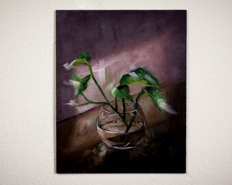 Colorful Still Life Artwork, Realistic Floral Wall Art, Green Pothos Plant Painting, Flowers Home Decor, Gift for Plant Lovers