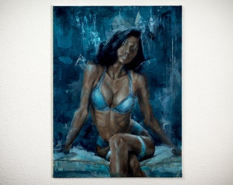 Black Female Acrylic Painting, Swimsuit Woman Body Artwork, Figurative Canvas, Erotic Sexy Home Decor, Moody Blue Lingerie Wall Art