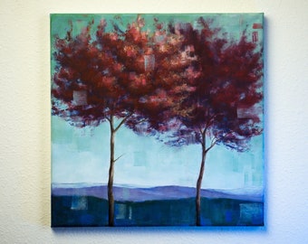 Red Tree Original Painting, Purple Plant Wall Art, Vibrant Scenic Home Decor, Blue Green Landscape Artwork