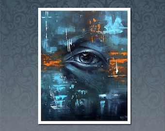 Contemporary Eye Giclee Art Print, Spiritual Acrylic Portrait Art, Turquoise Blue Facial Home Decor, Teal & Orange Figurative Canvas Artwork