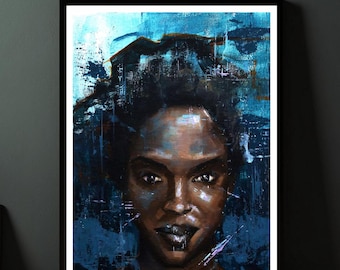May include: A painting of a person's face with dark skin and short dark hair. The background is a blue and white abstract design.