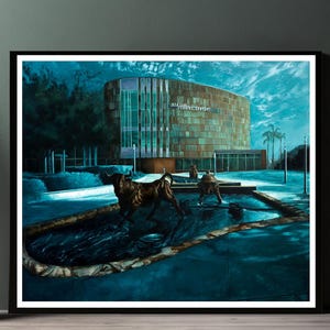 May include: A painting of a building with a sign that reads "Marshall Student Center". There are three bronze bull statues in front of the building, standing in a reflecting pool of water.