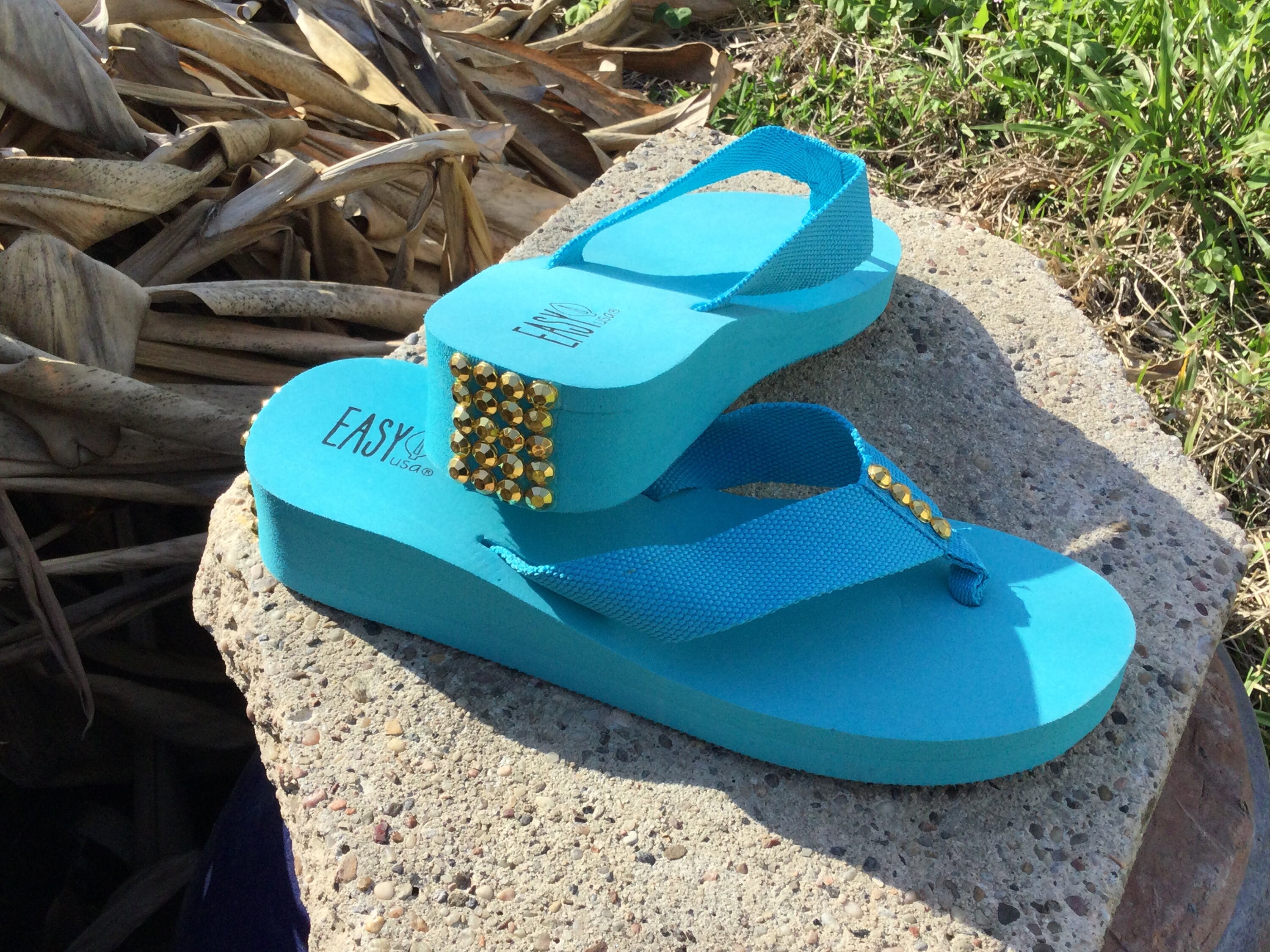 Women's Light Blue Flip Flops Embellished With Gold Beads Etsy