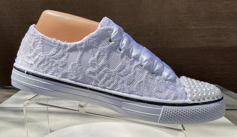 White Pearl Bead and Lace Embellished shops Sneakers