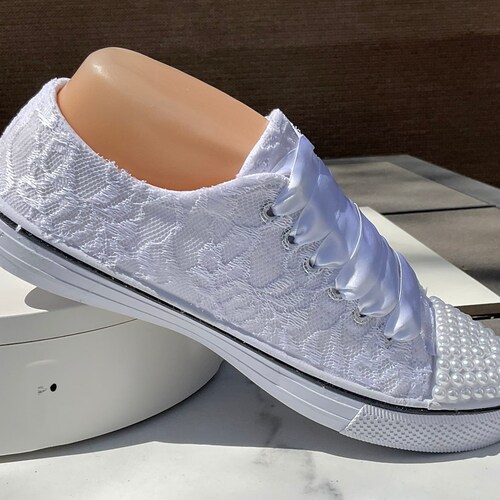 White Pearl Bead and Lace Embellished shops Sneakers