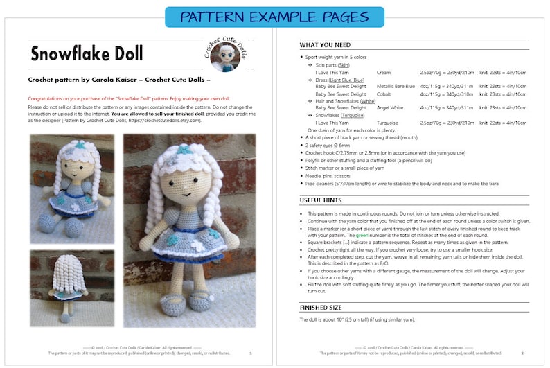SNOWFLAKE Winter Girl Amigurumi Pattern Crochet Doll Pattern Tutorial PDF Plush Doll Girl image 5