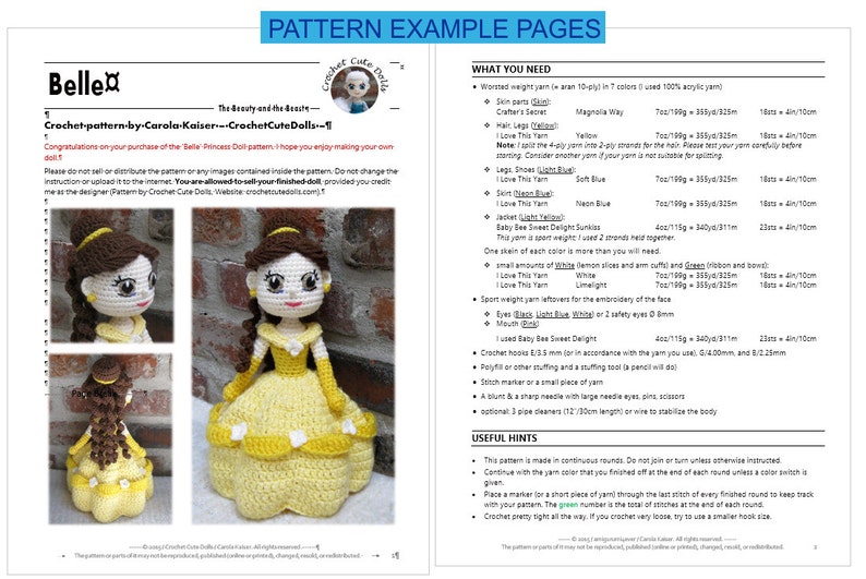 BELLE Amigurumi Pattern Crochet Doll Pattern Amigurumi Princess Pattern Tutorial PDF Plush Doll Girl image 5