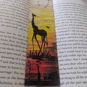 Hand-painted Leather Bookmark. African. Giraffe and birds at sunset