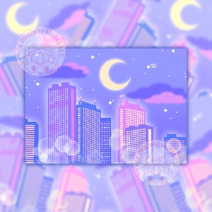 以下が含まれることがあります： 夜空に三日月と星が輝く、街の夜景のデジタルイラスト。建物は紫、ピンク、青の色合いで描かれている。空は薄い紫色の色合いである。