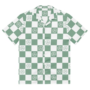 May include: A green and white checkered short-sleeved button-up shirt with a white 20-sided die graphic repeated throughout the design.