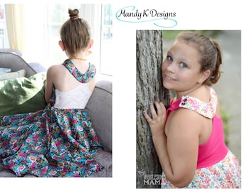 Cyan Lily Dress & Tunic, PDF Sewing Pattern in sizes 12m to 14, plus Coloring Page