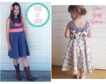 Bon Bon Dress PDF Sewing Pattern in sizes 12m to 14, plus 18" Doll and Coloring Page
