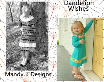 Dandelion Wishes Dress PDF Sewing Pattern in sizes 12m to 14, plus Coloring Page
