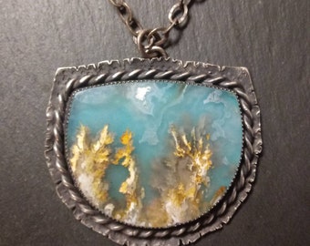 Graveyard point plume agate sterling silver pendant with rope boarder