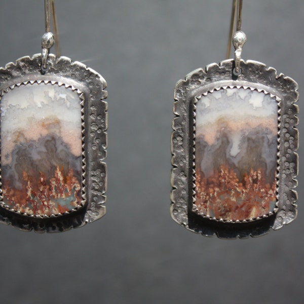 Prudent Man, Plume Agate, Sterling Silver, Dangle Earrings