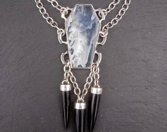 Coffin Ochoco Tube Agate over Obsidian with Obsidian spikes sterling silver Necklace
