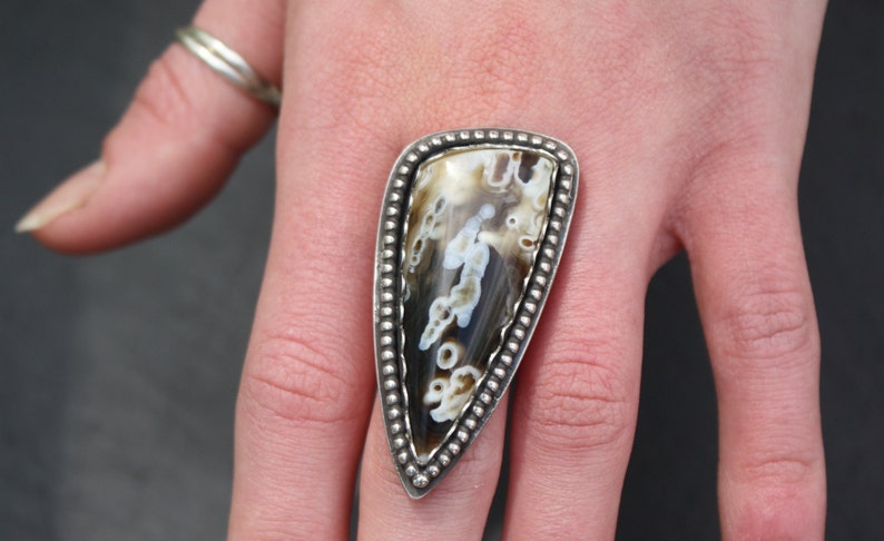 Cocktail Ring Sterling Silver Arco Tube Agate With Beaded boarder
