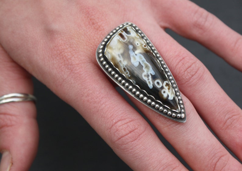Cocktail Ring Sterling Silver Arco Tube Agate With Beaded boarder