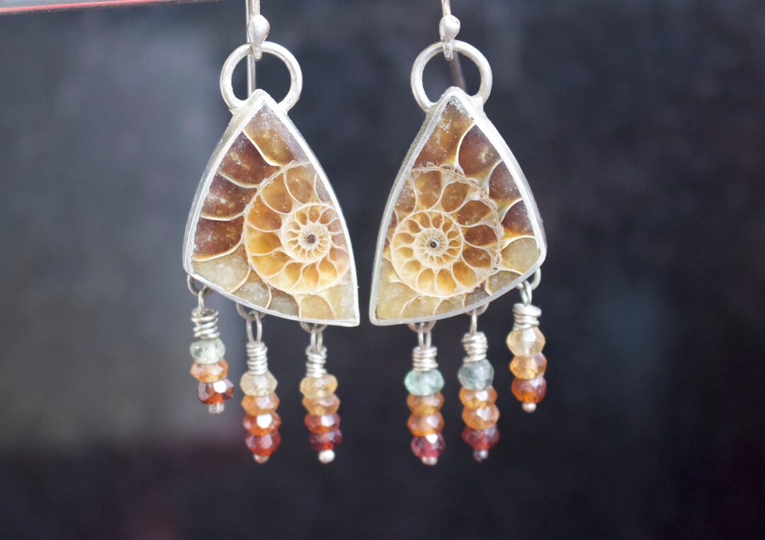 Ammonite Fossil Sterling Silver Sapphire Dangle Earrings Etsy
