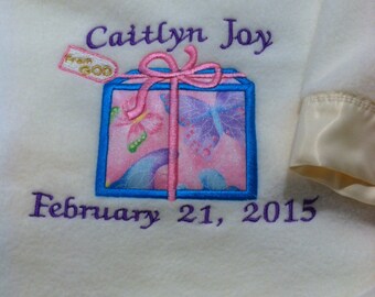 Personalized Fleece Baby Blanket: Embroidered Applique, Satin Ribbon Trim