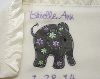 Fleece Baby Blanket Applique Elephant Embroidered with Satin Trim 36"X40"