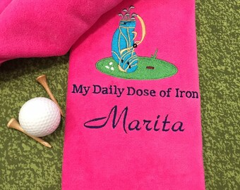 Personalized Golf Towel: Embroidered Golf Bag, "Daily Dose of Iron"