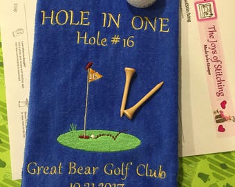 Hole in One, Personalized , Custom, Embroidered Hole in One Golf Towel, Commemorative Golf Towel