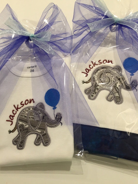 Elephant Embroidered Applique One Piece Baby Bodysuit/Diaper Cloth Gift Set