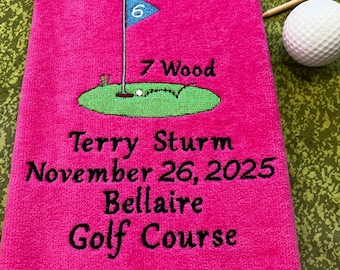 Embroidered Hole In One: Custom, Yardage, Golf Towel, Commemorative, Personalized