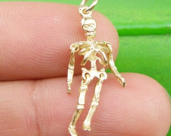 Skelett Beweglicher 3 Dimensionaler Halloween Charm Anhänger Echtes 375er Gelbgold 9 Karat - C2073