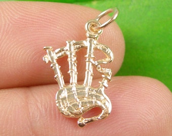 Genuine 375 9CT 9K or 750 18ct 18k Yellow Gold Solid 3 Dimensional Scottish Bagpipes Musical Instrument Charm Pendant - C2319